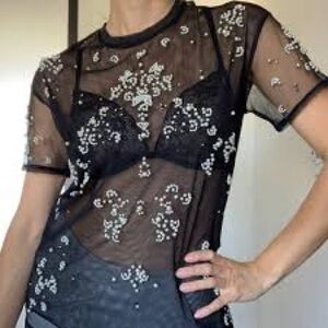 Pearl Cinq A Sept Embellished Black Sheer  Top